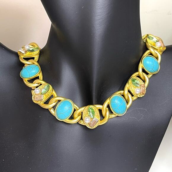 Chunky Chain Necklace Blue Turquoise Peridot Gold Choker Collar O18 - Picture 2 of 6